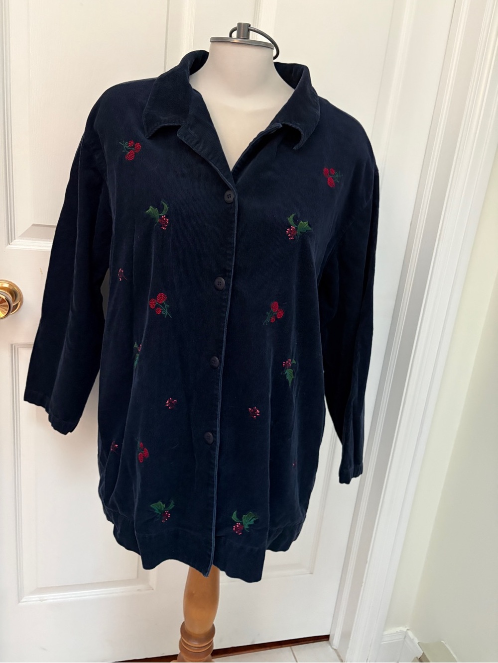 Tabi International Button-Front Navy Corduroy Shirt with Cherry Embroidery plus